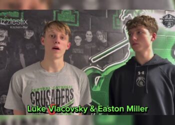 Canton Central Catholic Crusaders Matt Vlacovsky, Easton Miller & Coach Matt Creamer after the 55-48
